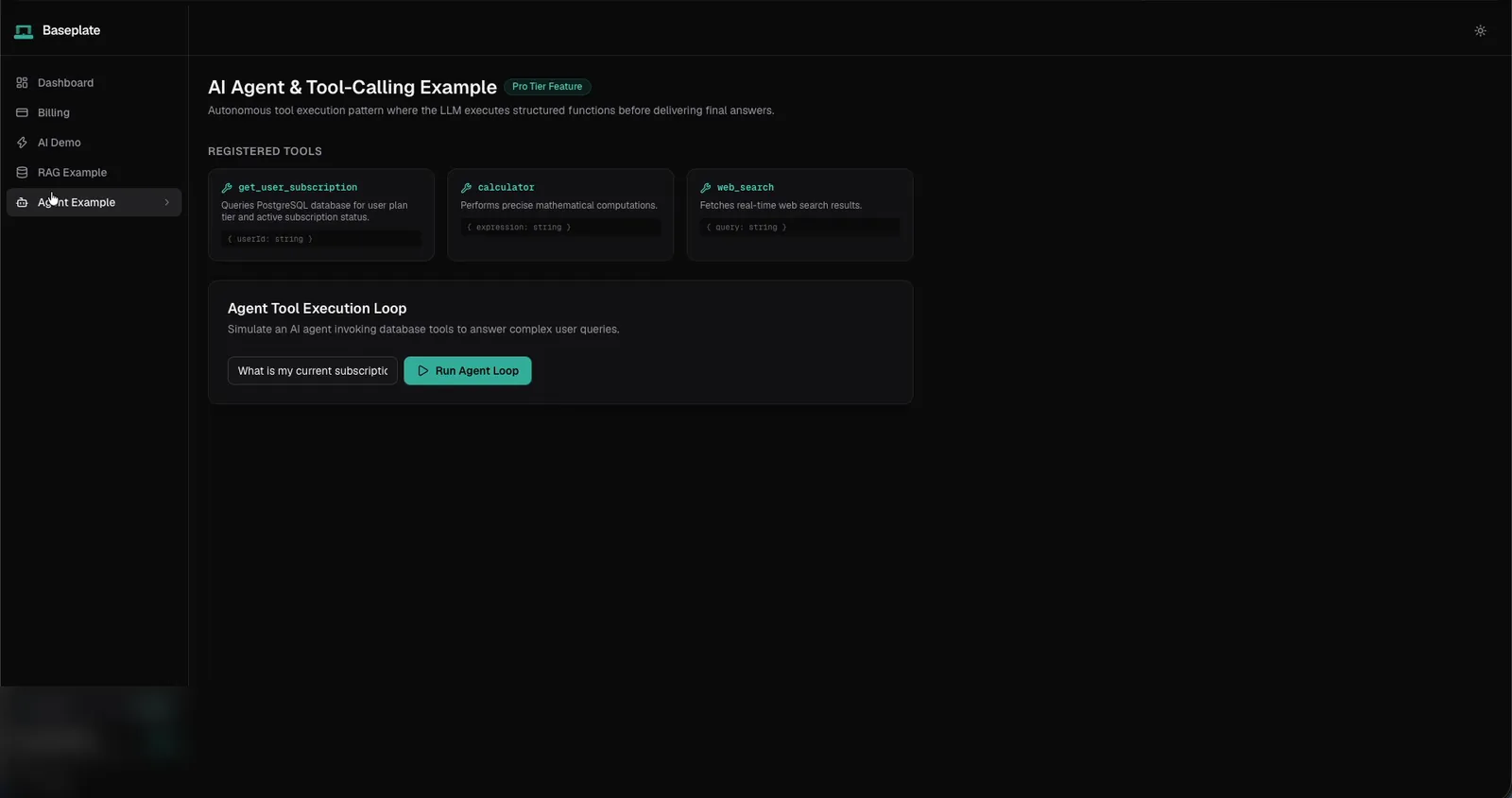 Baseplate agent and tool-calling example page
