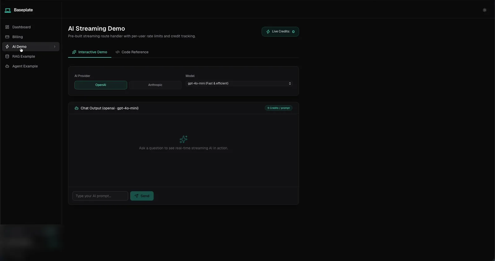 Baseplate AI streaming demo with OpenAI and Anthropic provider options