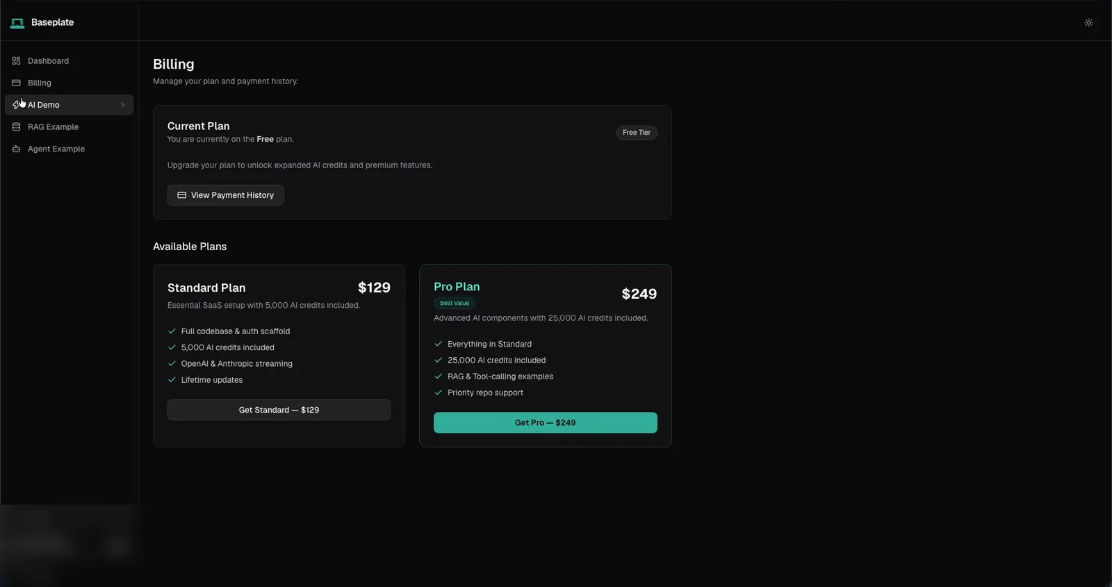 Baseplate billing page listing the Standard and Pro plans