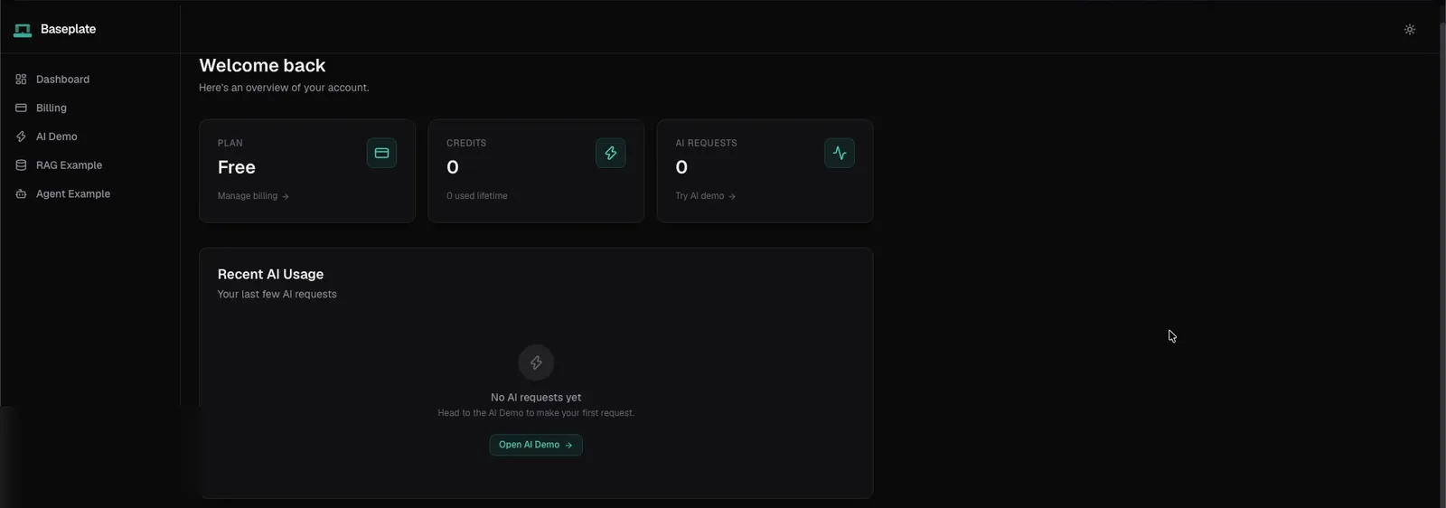 Baseplate dashboard showing plan, credits and AI request counts