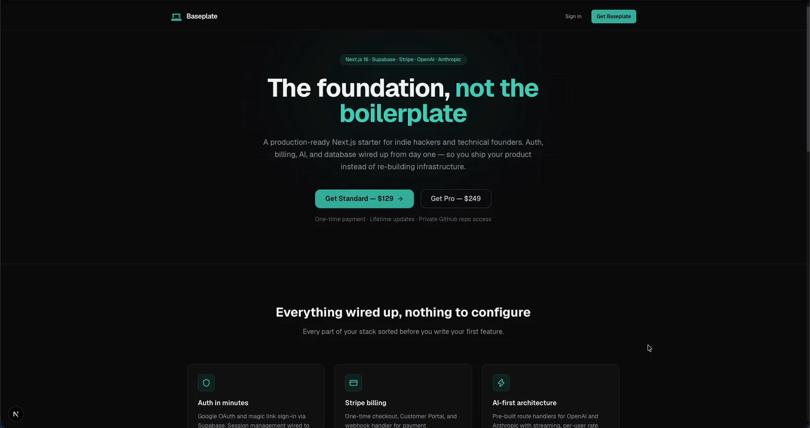 Baseplate Next.js SaaS and AI starter kit landing page