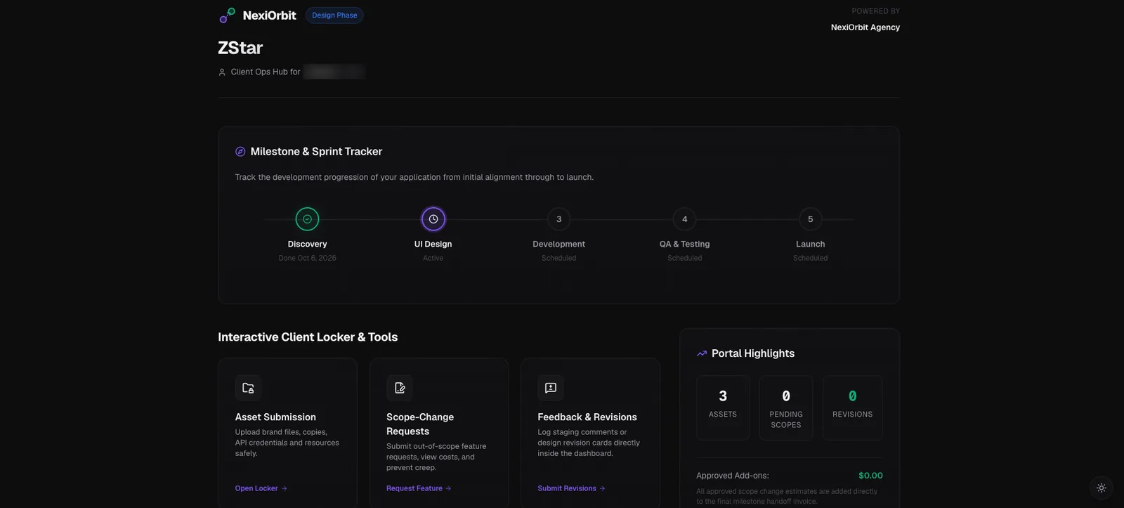 Handly client portal showing a milestone tracker, asset submission, scope-change requests and feedback tools